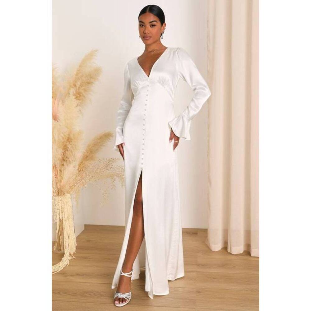 Elegant Celebration White Satin Long Sleeve Slip Maxi Dress